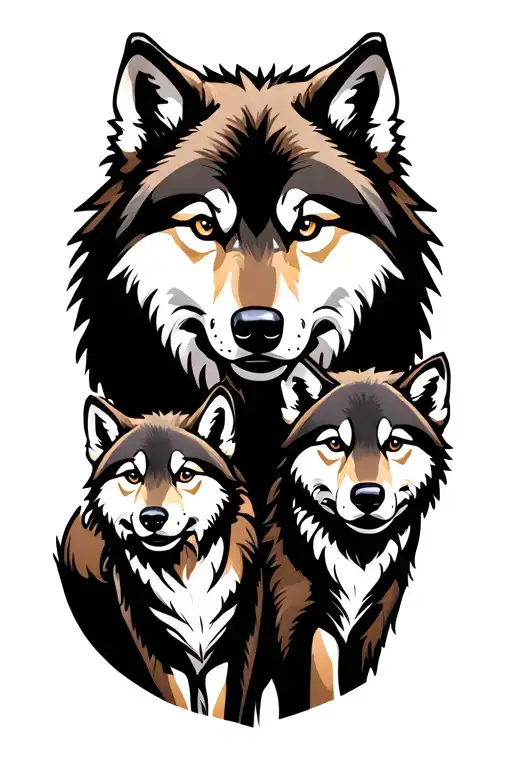 Wolf With Two Wolf Cubs