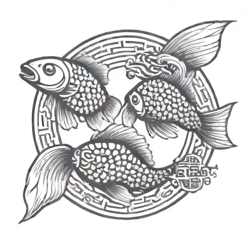 2 Karp Fish Swimming In A Circle Pattern Opposite Directions With Chinese Symbol In The Middle