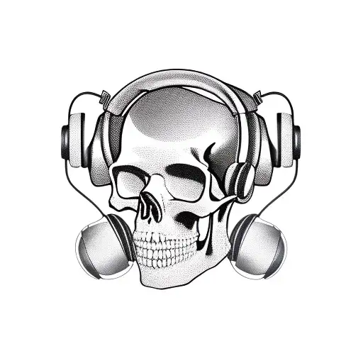 A Realistic Skull With Headphones And Sunglasses On A Boat Floating In A Sea Of Musical Symbols