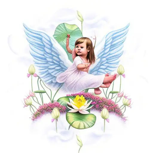 An Angel Baby Riding A Butterfly Through A Field Of Lotus Flowers