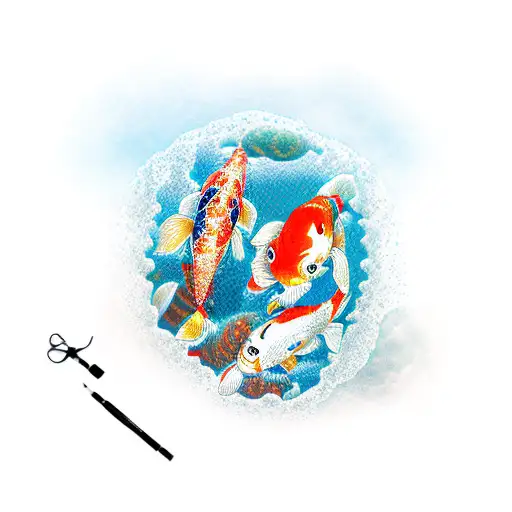 A Japanese Koi Fish Swimming Through Waterpolo Balls And Diving Equipment