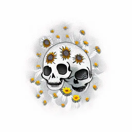 A Field Of Daisies And Sunflowers Forming A Skull Shape