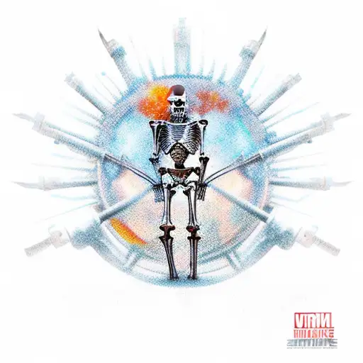 Skeletal Cyborg With Futuristic Gun Walking Through The Trevi Fountain As The Sun Rises Behind It