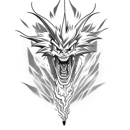 A Tattoo Design Featuring A Dragon From Dragon Ball Z Breathing Fire Over A Mountain Landscape