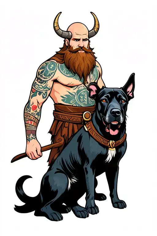 Hot Bearded Viking Man And Black Dog With No Hair And Nordic