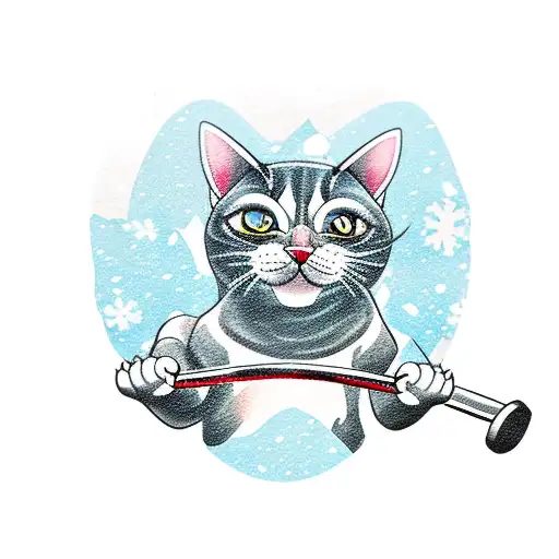 A New-school Tattoo Of A Muscular Cat Lifting A Barbell In A Snowy Landscape