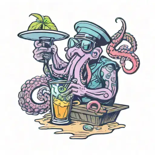 An Octopus Bartender Mixing Drinks On A Tropical Island Beach