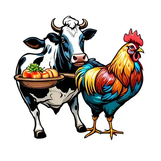 A Cow And A Rooster Holding A Cook