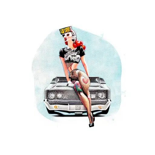 A Pin Up Girl Sitting On A Vintage Muscle Car Surrounded By Graffiti Art