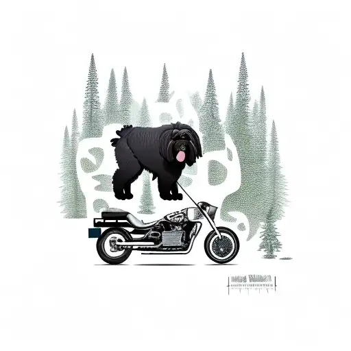 A Realistic Portrait Of A Newfoundland Dog Riding A Motorcycle Through A Forest