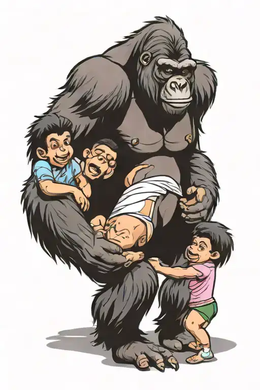 Gorilla Dad And 3 Young Gorilla Holding