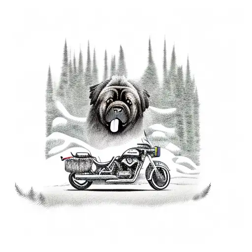 A Realistic Portrait Of A Newfoundland Dog Riding A Motorcycle Through A Forest