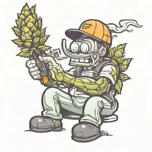 A New-school Tattoo Of A Playful Cartoon Character Welding Together Giant Cannabis Buds