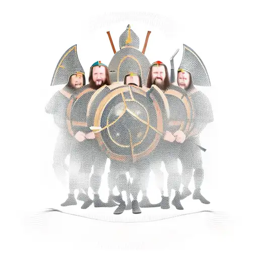 12 Guys Hugging In Group Photo While Wearing Viking Helmets And Swords