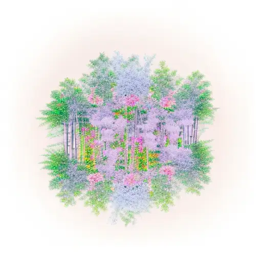 Colorful Bamboo Forest With Lush Cherry Blossoms