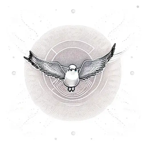 A Dotwork Tattoo Of A Seagull Flying Over A Calm Ocean At Sunset