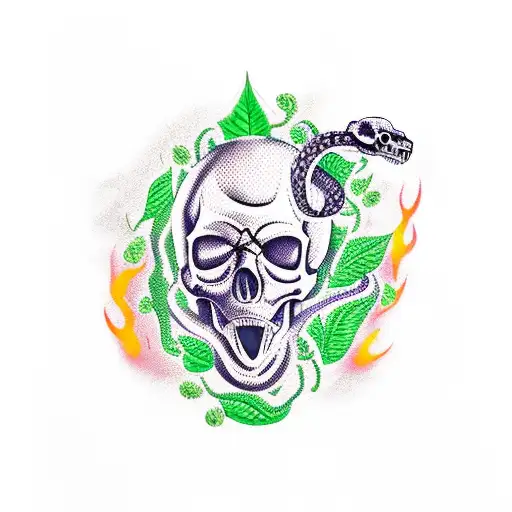 A Skull With An Evil Snake In Green Leaves And Flames