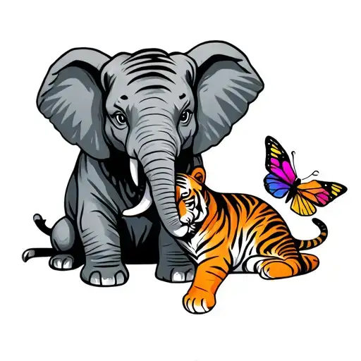 Elephant Sitting Next To A Tiger And Butterfly Resting