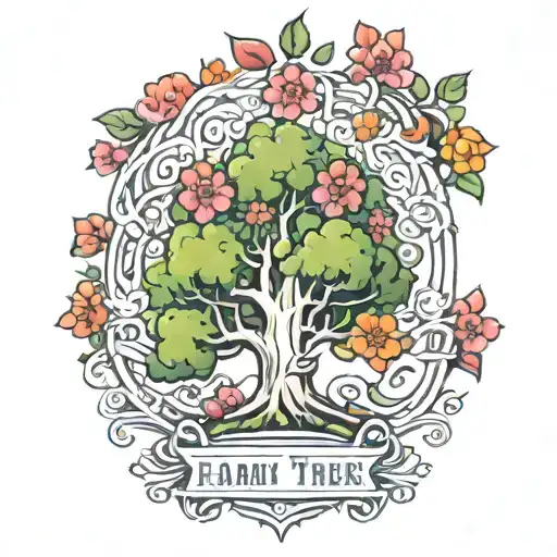 A Tattoo Design Featuring A Family Tree Intertwined With Colorful Flowers