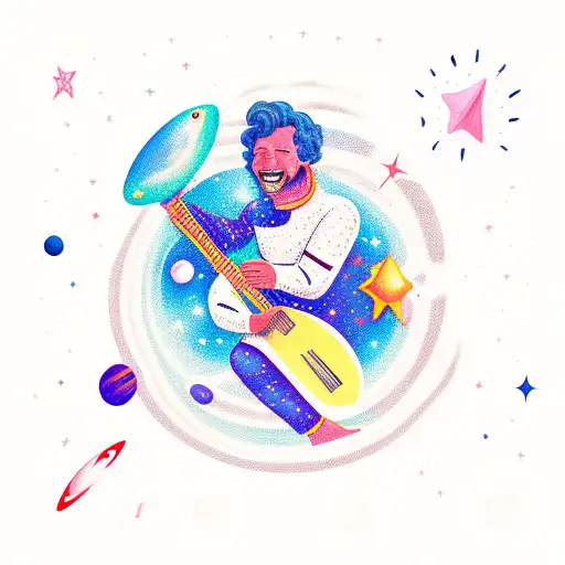 A Cosmic Guitar Player Jamming On A Surfboard In Outer Space