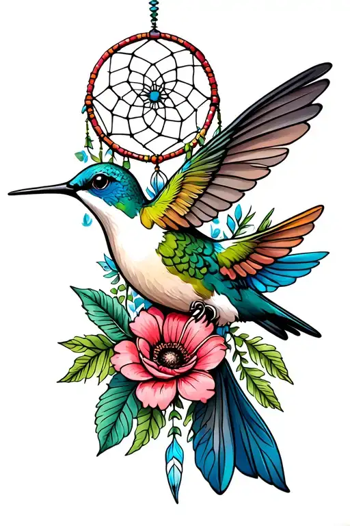 Hummingbird With Dreamcatcher And Flowers Growing