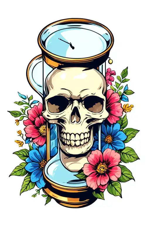 Skull Tattoo With Flowers And A Hour Glass