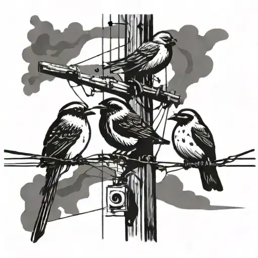 Black And White Silhouette Of Birds On A Telegraph Pole And Wire