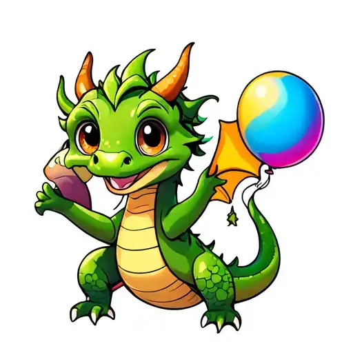 Cute Dragon Holding A Balloon Floating