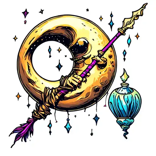 A Whimsical New-school Design Of A Crescent Moon With A Magic Wand As The Centerpiece