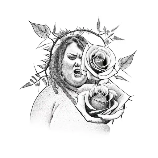 A Chunky Women Kneeling Down With Thorns Coming Out Of Her Body And A Rose For Her Head