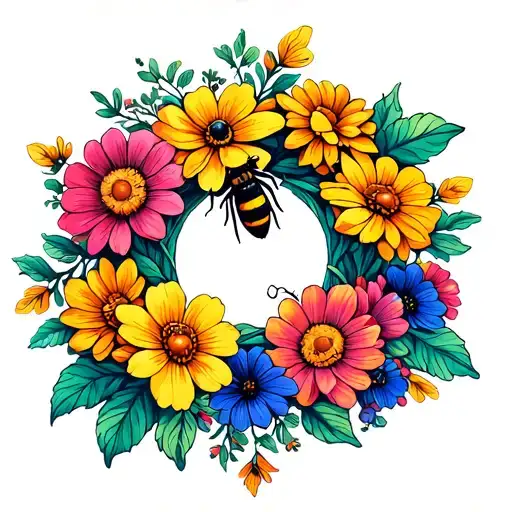 Bees With A Ring Of Flowers Wrapped