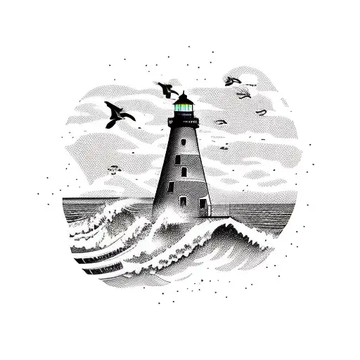 Lighthouse With Waves At Night And Puffins Flying