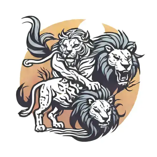 A Strong-willed Lion Leading A Pack Of Wolves Through A Beach Sunset