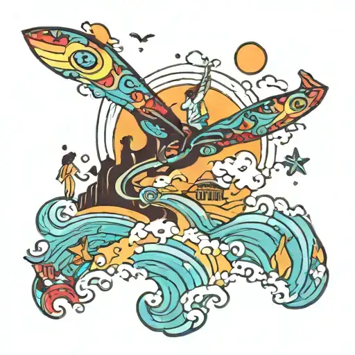 A Psychedelic Beach Scene With Friends Flying In Waves Made Of Trippy Patterns