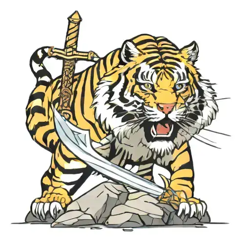 There Is A Sword And A Tiger On A Big Stone