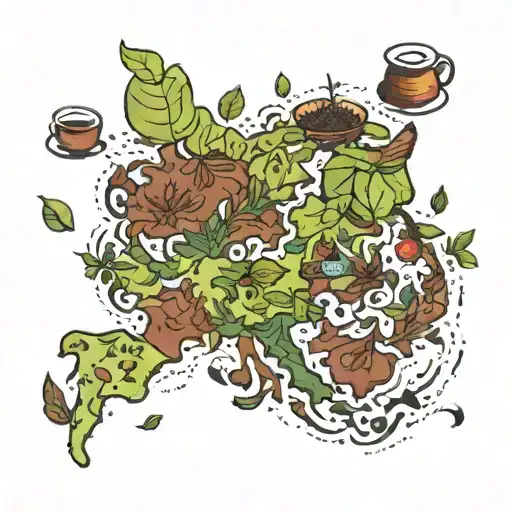 A Detailed Map Of The World With Various Tea Leaves And Cups Scattered Across Different Countries