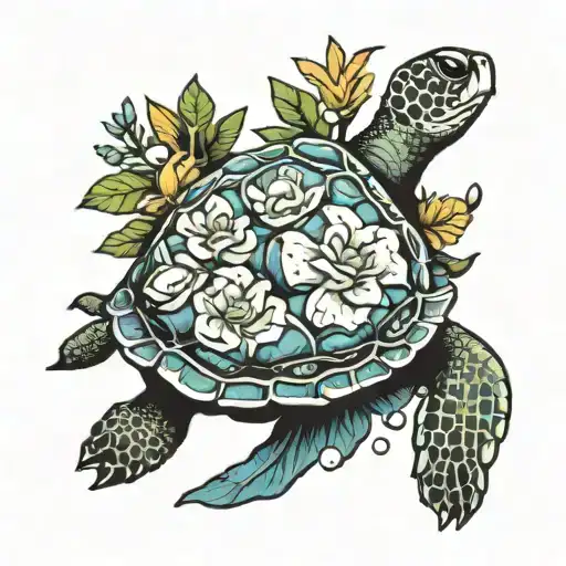 A Sea Turtle With Gardenias Blooming On Its Shell