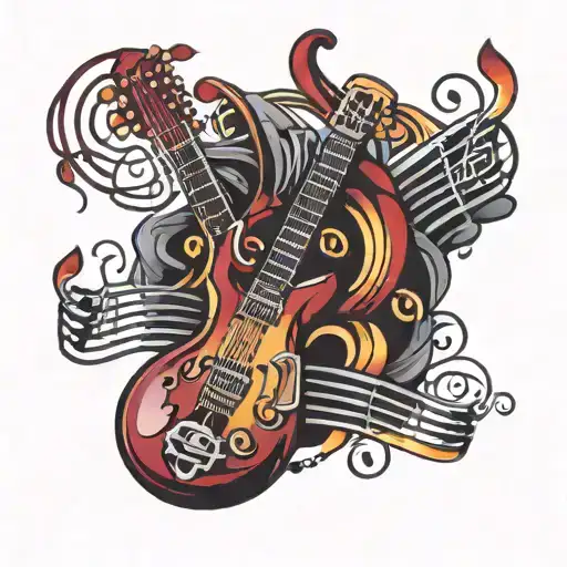 A Sexy Music-themed Tattoo Featuring Musical Notes And Instruments In Black And Burgundy Colors