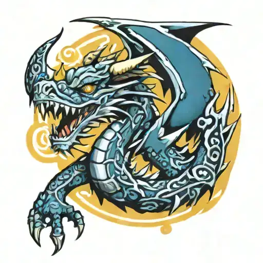 A Tribal Dragon Incorporating Elements Of Yu Gi Oh Cards Tattoo