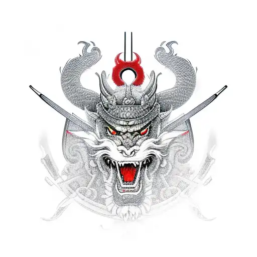 Samurai With Dragon Above Jis Head And Tail Aroud Body