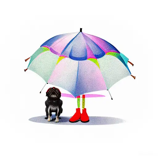 Girl And Pekingese Dog Under An Umbrella