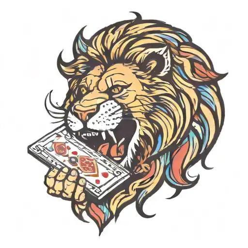 A Lion Roaring While Holding A Deck Of Cards In Its Mouth