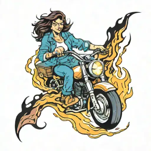 A Motor Sports Themed Tattoo Featuring A Woman Riding A Motorcycle Through A Jar Of Fire