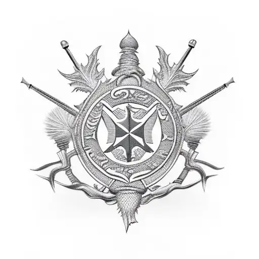 An Intricate Design Combining Military Insignia And A Thistle