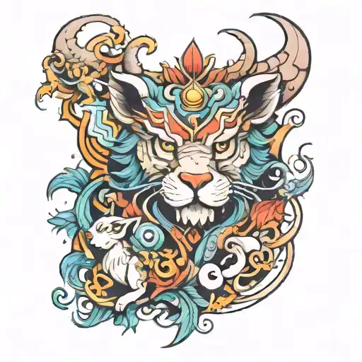 A Tattoo Design Featuring A Blend Of Animals And Fantasy Elements Inspired By Chinese Mythology