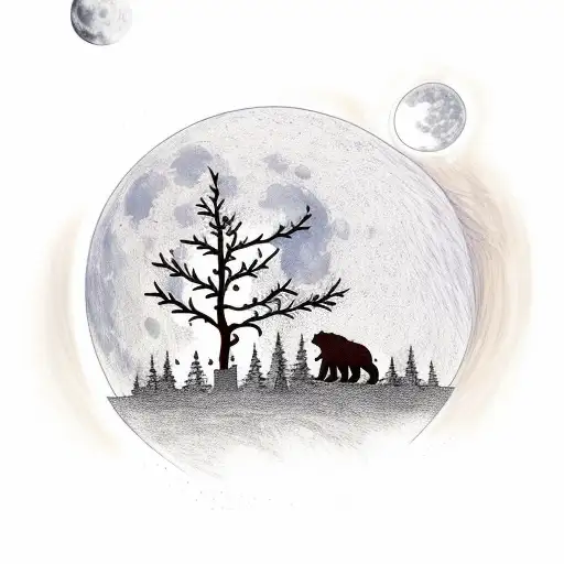 Tree Under A Sun And Moon With A Bear Beneath