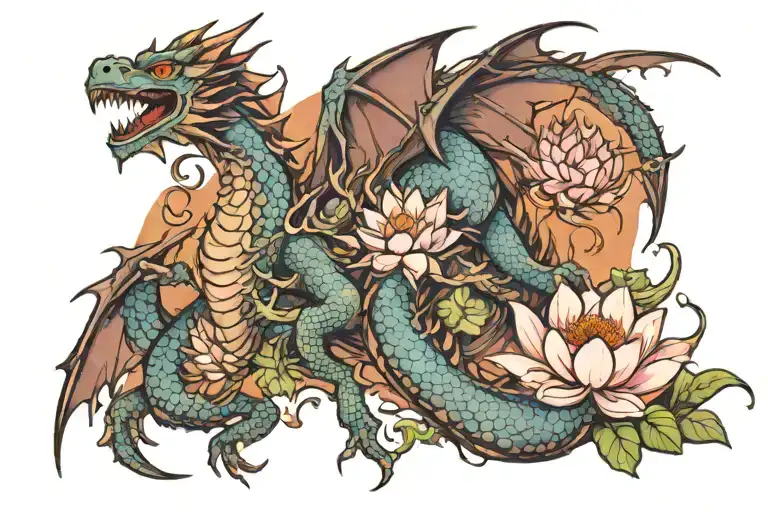 Dragon And Warrior With Lotus Flower Blooming