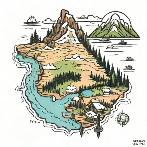 A New-school Tattoo Of A Map Of Oregon With Landmarks Like Crater Lake And Mount Hood Highlighted
