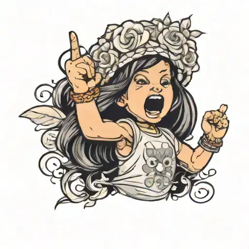 Little Girl Yelling With Raised Fist And Wild Dark Hair And Flower Headress