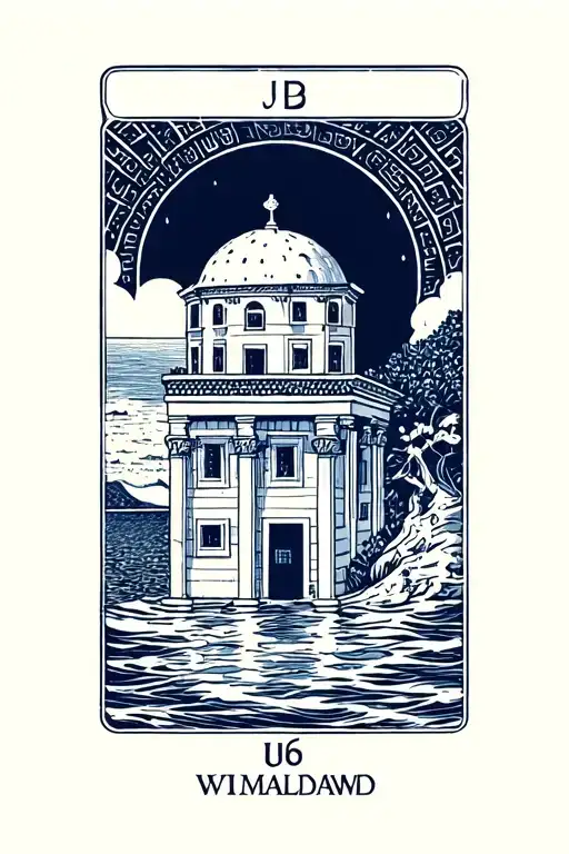 Modern Sun Tarot Card Featuring Greek Domed House And Sea In Foreground